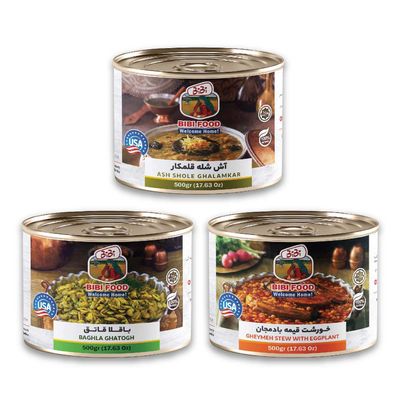 - A pack of 3 cans of Ash Shole Ghalamkar, Gheymeh Stew with Eggplant & Baghla Ghatogh