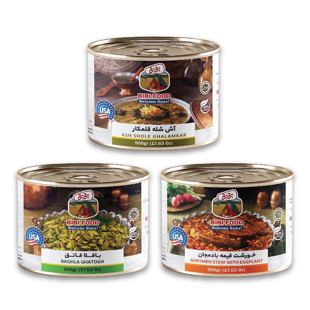 - A pack of 3 cans of Ash Shole Ghalamkar, Gheymeh Stew with Eggplant & Baghla Ghatogh