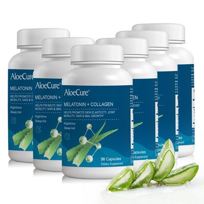AloeCure Natural Melatonin + Collagen Natural Sleep Aid Supplement for Restful Nights - Collagen Complex for Joint Strength, Skin Elasticity, Hair & Nail Growth, 30 Capsules x 6 Bottles