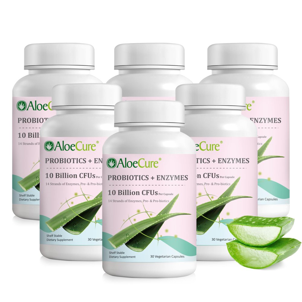 AloeCure Daily Probiotics 10 Billion CFU for Digestive Support 8 Strains, 6 Prebiotics & Enzymes - Digestive Supplement with Bromelain for Women & Men - Gut Support, Digestive Relief, 30 Caps x 6btls