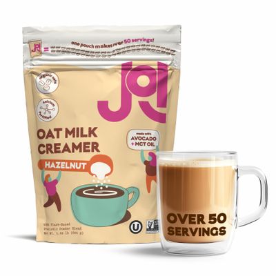 JOI Oat Milk Coffee Creamer, Hazelnut by JOI - Makes over 50 servings. Vegan, Non-Dairy, Plant Based, Kosher, Shelf-Stable, Dairy Free, and Gluten-Free - Use for Coffee, Add to Smoothies & Tea or Make Your Own Oat Milk Creamer. Prebiotic, Superfood, 