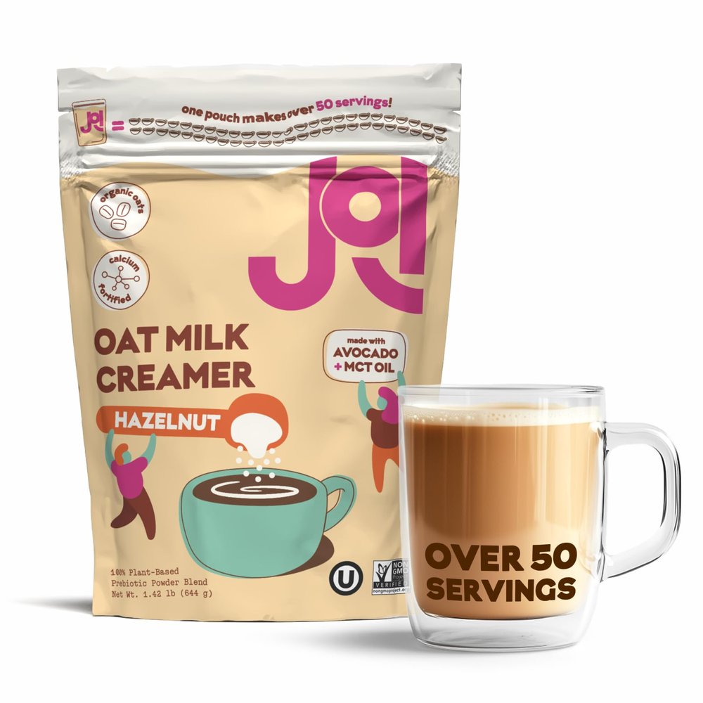 JOI Oat Milk Coffee Creamer, Hazelnut by JOI - Makes over 50 servings. Vegan, Non-Dairy, Plant Based, Kosher, Shelf-Stable, Dairy Free, and Gluten-Free - Use for Coffee, Add to Smoothies & Tea or Make Your Own Oat Milk Creamer. Prebiotic, Superfood,