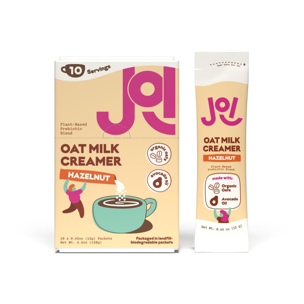 JOI Oat Milk Coffee Creamer, Hazelnut. 10ct Biodegradable Single Serves. Non-Dairy, Functional Prebiotic Superfood, Vegan, Dairy Free, Plant Based, Kosher, Non-GMO, Shelf-Stable, Barista, Fortified with Calcium. Use in Coffee or Protein Shakes. Trave
