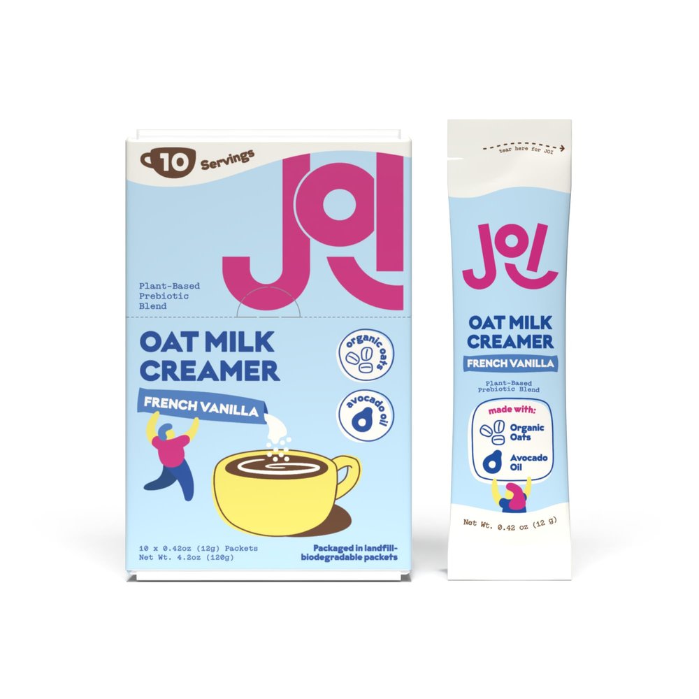 JOI Oat Milk Coffee Creamer, French Vanilla - 10 Biodegradable Single Serves. Functional, Prebiotic Superfood, Vegan, Dairy Free, Non-Dairy, Plant Based, Kosher, Non-GMO, Shelf-Stable, Barista, Fortified with Calcium. Use in Coffee or Protein Shakes.