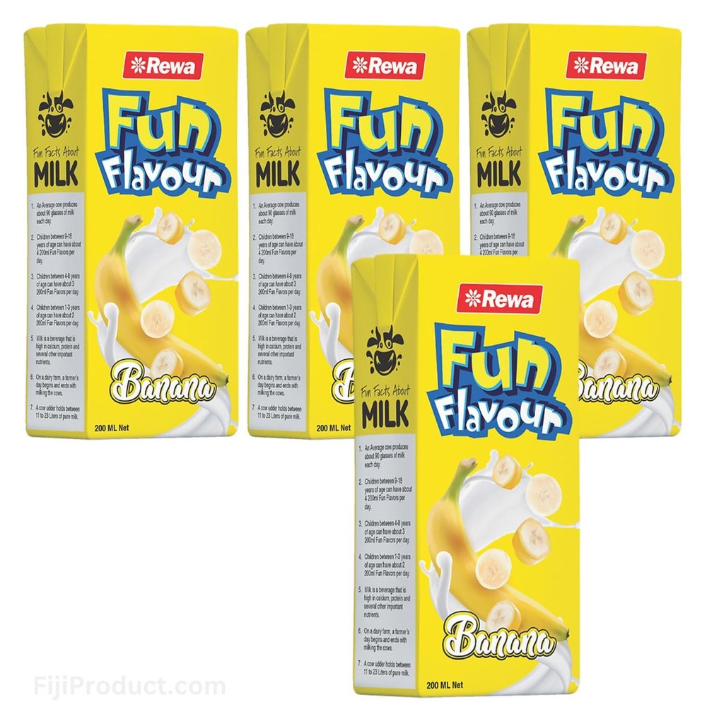 Rewa Fun Flavour BANANA Milk Drink (Pack of 4 x 200 mL Ea) Experience the delightful taste of Fun Flavour Banana Milk, Imported from FIJI