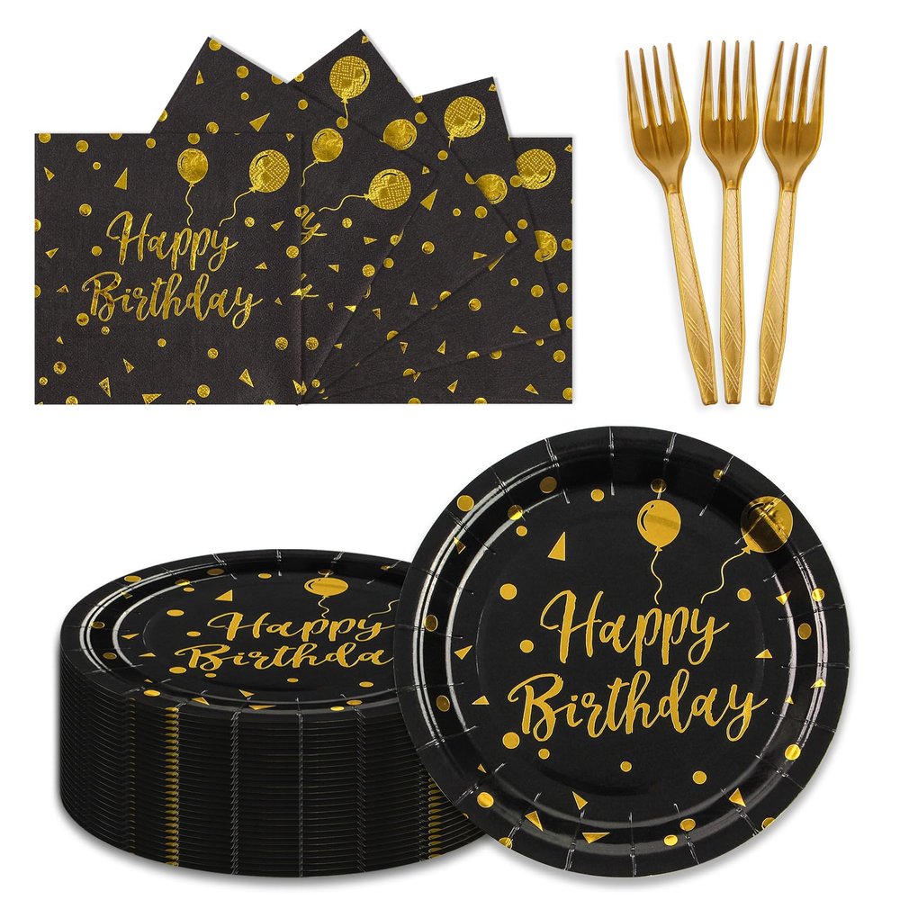 150PCS Happy Birthday Paper Plates and Napkins - 7 Inch Black Gold Dot Paper Plates and 6.5 Inch Napkins with 6.3 Inch Gold Forks Disposable Tableware Set for Birthday Party Decorations, Serves 50