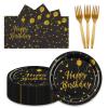 150PCS Happy Birthday Paper Plates and Napkins - 7 Inch Black Gold Dot Paper Plates and 6.5 Inch Napkins with 6.3 Inch Gold Forks Disposable Tableware Set for Birthday Party Decorations, Serves 50 view 1