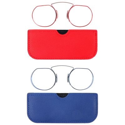 REAVEE 2 Pack Small Armless Reading Glasses for Men Women, Blue Light Blocking Round No Temple Thin Compact Readers with Portable Case, Red and Blue +1.5