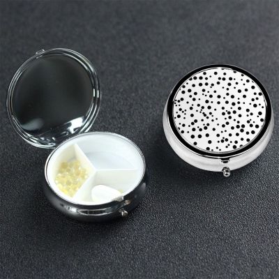 Small Pill Box Portable Pill Case 3 Compartment Metal Pill Vitamins Holder Organizer Cute Black and White Polka Dot Travel Pillbox for Purse Pocket