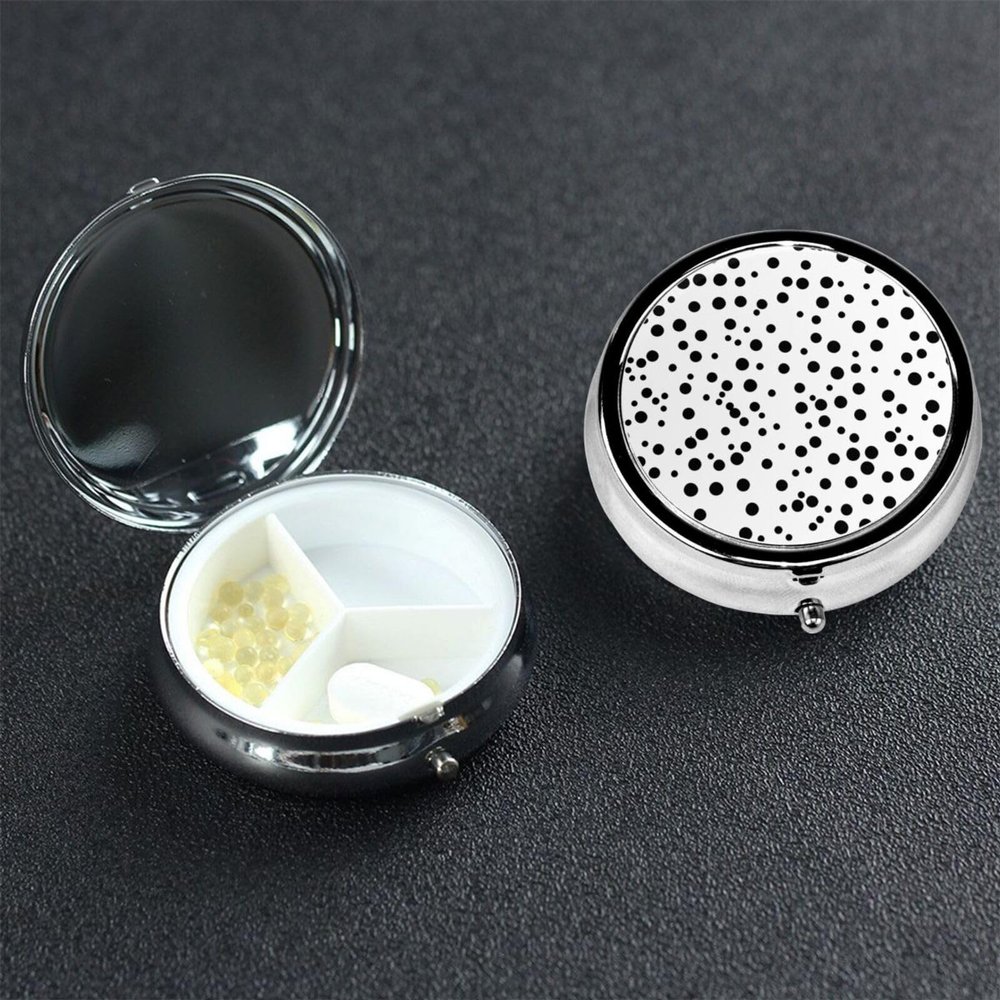 Small Pill Box Portable Pill Case 3 Compartment Metal Pill Vitamins Holder Organizer Cute Black and White Polka Dot Travel Pillbox for Purse Pocket