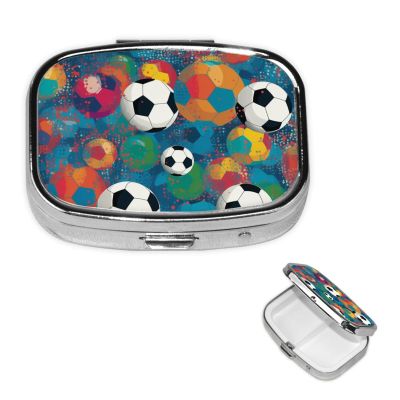 Square Pill Box Portable Metal Pill Case 2 Compartment Small Travel Pill Organizer Colorful Football Vitamins Holder Organizer for Purse Pocket
