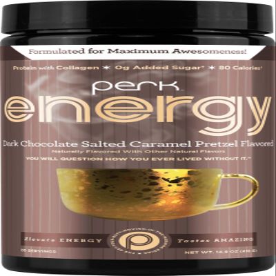 Perk Energy Dark Chocolate Salted Caramel Pretzel - Caffeinated Protein Drink Mix with 9g Protein & 100mg Caffeine - Gluten Free, Soy Free, Peanut Free - 20 Servings