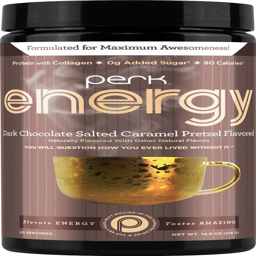 Perk Energy Dark Chocolate Salted Caramel Pretzel - Caffeinated Protein Drink Mix with 9g Protein & 100mg Caffeine - Gluten Free, Soy Free, Peanut Free - 20 Servings