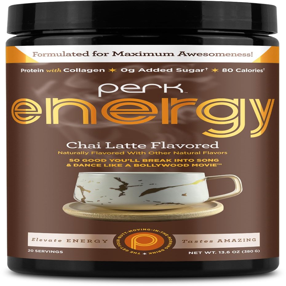 Perk Energy Chai Latte - Caffeinated Protein Powder Drink Mix with 8g Protein & 100mg Caffeine - Gluten Free, Soy Free, Peanut Free - 20 Servings