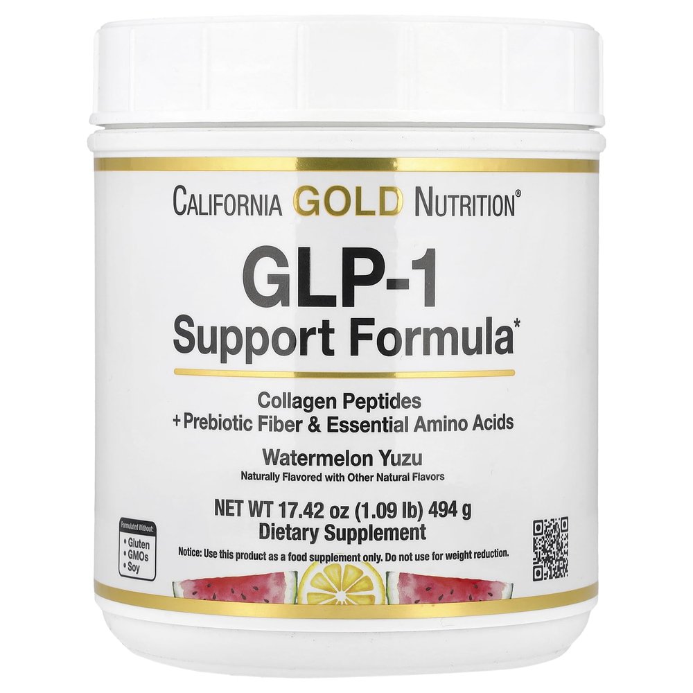California Gold Nutrition GLP-1 Support Formula with Collagen Peptides, Prebiotic Fiber & Essential Amino Acids, Watermelon Yuzu, 1.09 lb (494 g)