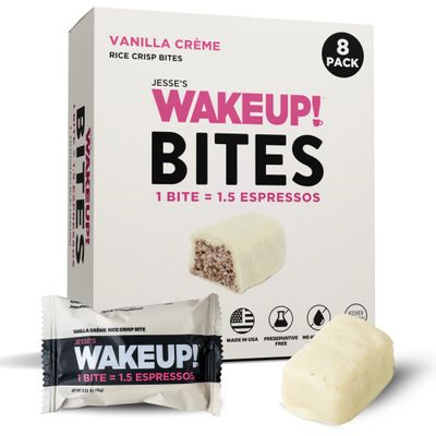 WAKE UP! Caffeinated Vanilla Crme Energy Bites - 175mg Caffeine Per Bar (1.5 Espressos) - Coffee Alternative for Focus, Energy & Gym - Vegetarian, Gluten-Free, Kosher - 8 Pack