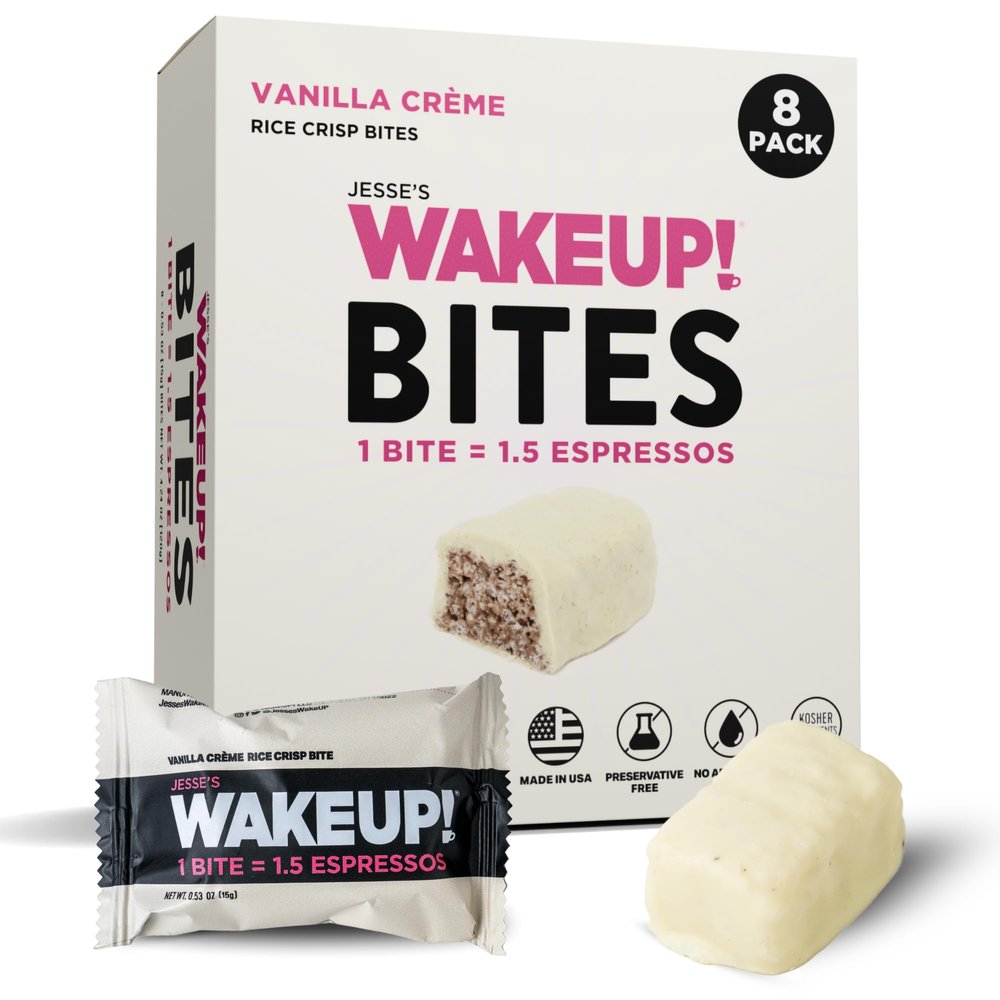 WAKE UP! Caffeinated Vanilla Crme Energy Bites - 175mg Caffeine Per Bar (1.5 Espressos) - Coffee Alternative for Focus, Energy & Gym - Vegetarian, Gluten-Free, Kosher - 8 Pack