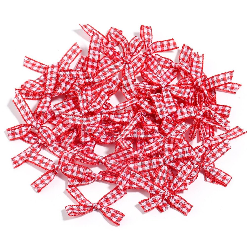100pcs Mini Gingham Ribbon Bows for DIY Craft Sewing Scrapbooking Wedding and Gift Decoration(Red)