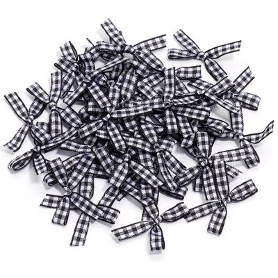 100pcs Mini Gingham Ribbon Bows for DIY Craft Sewing Scrapbooking Wedding and Gift Decoration(Black)