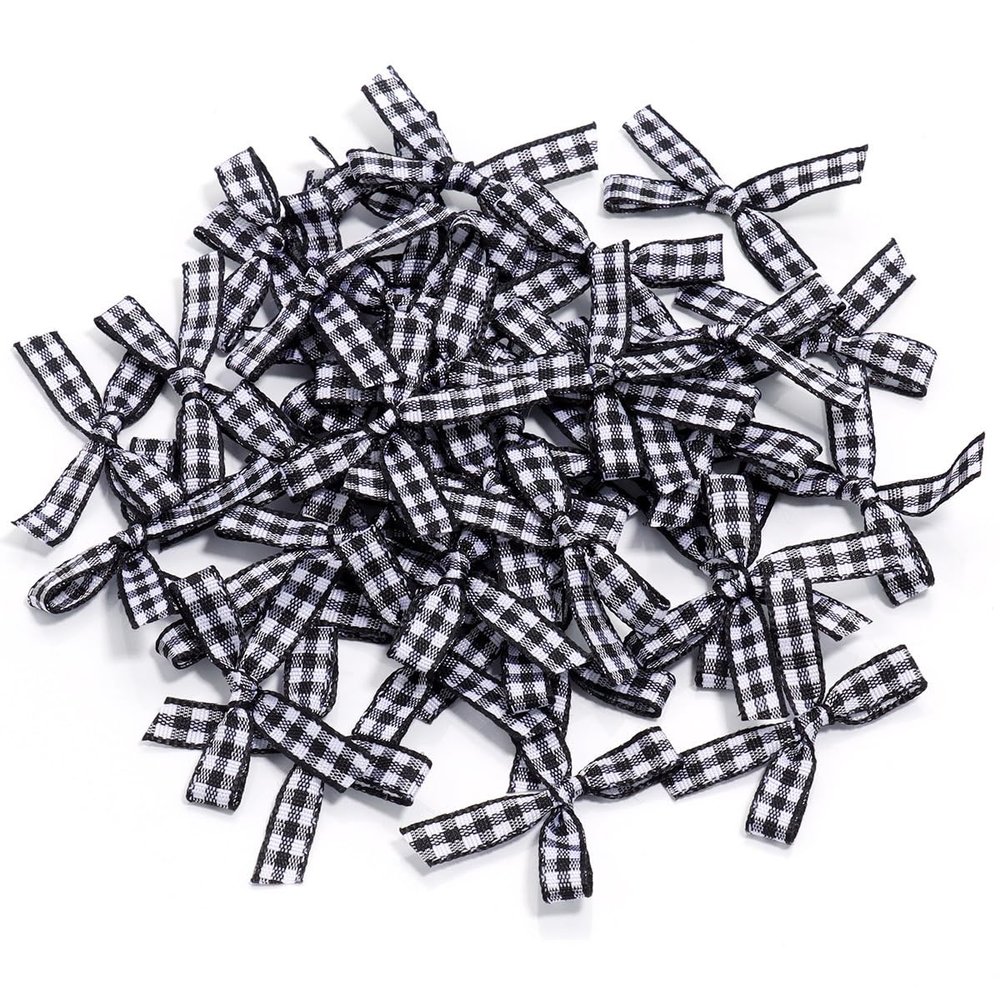 100pcs Mini Gingham Ribbon Bows for DIY Craft Sewing Scrapbooking Wedding and Gift Decoration(Black)