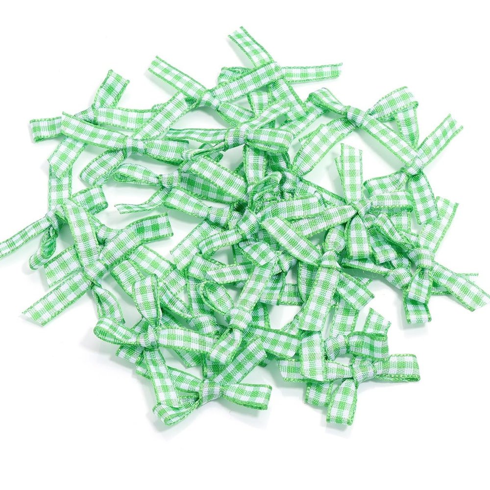 100pcs Mini Gingham Ribbon Bows for DIY Craft Sewing Scrapbooking Wedding and Gift Decoration(Green)