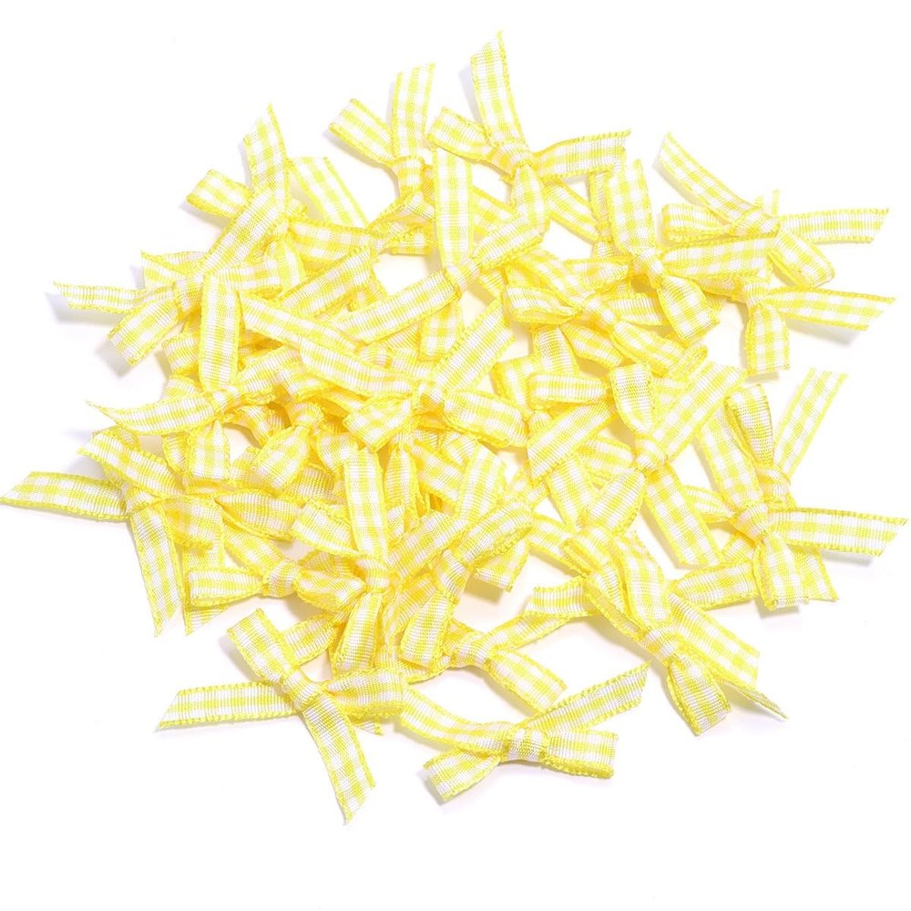 100pcs Mini Gingham Ribbon Bows for DIY Craft Sewing Scrapbooking Wedding and Gift Decoration(Yellow)