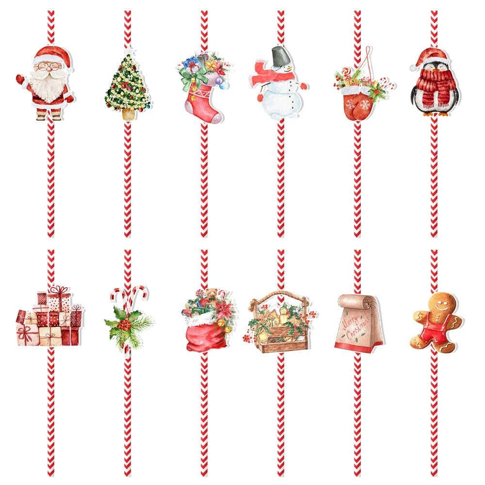 24PCS Christmas Paper Straws Red and Green Theme Disposable Straws for Christmas Party Favors Santa Claus Disposable Straw for Xmas Beverage Cocktail Birthday Christmas Home Party Supplies
