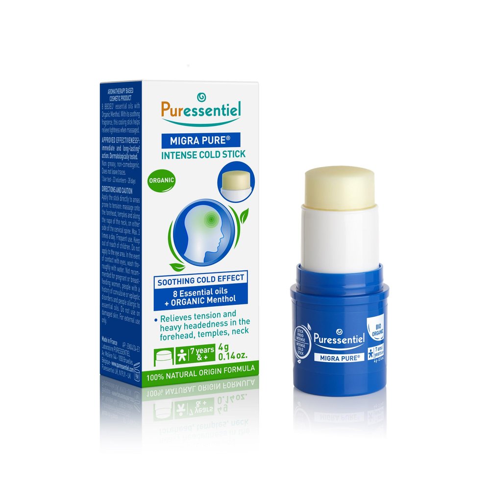 Puressentiel Migra Pure Intense Cold Stick - Cooling Headache Relief with Essential Oils - Headache Balm with Sunflower Oil - Vegan Formula - 0.14 oz