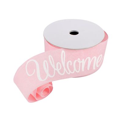 15 feet Welcome Pastel Pink Wired Ribbon, Welcome Pastel Pink Canvas 2.5" Wired Ribbon, Welcome Wired Ribbon, Ribbon for Wreaths