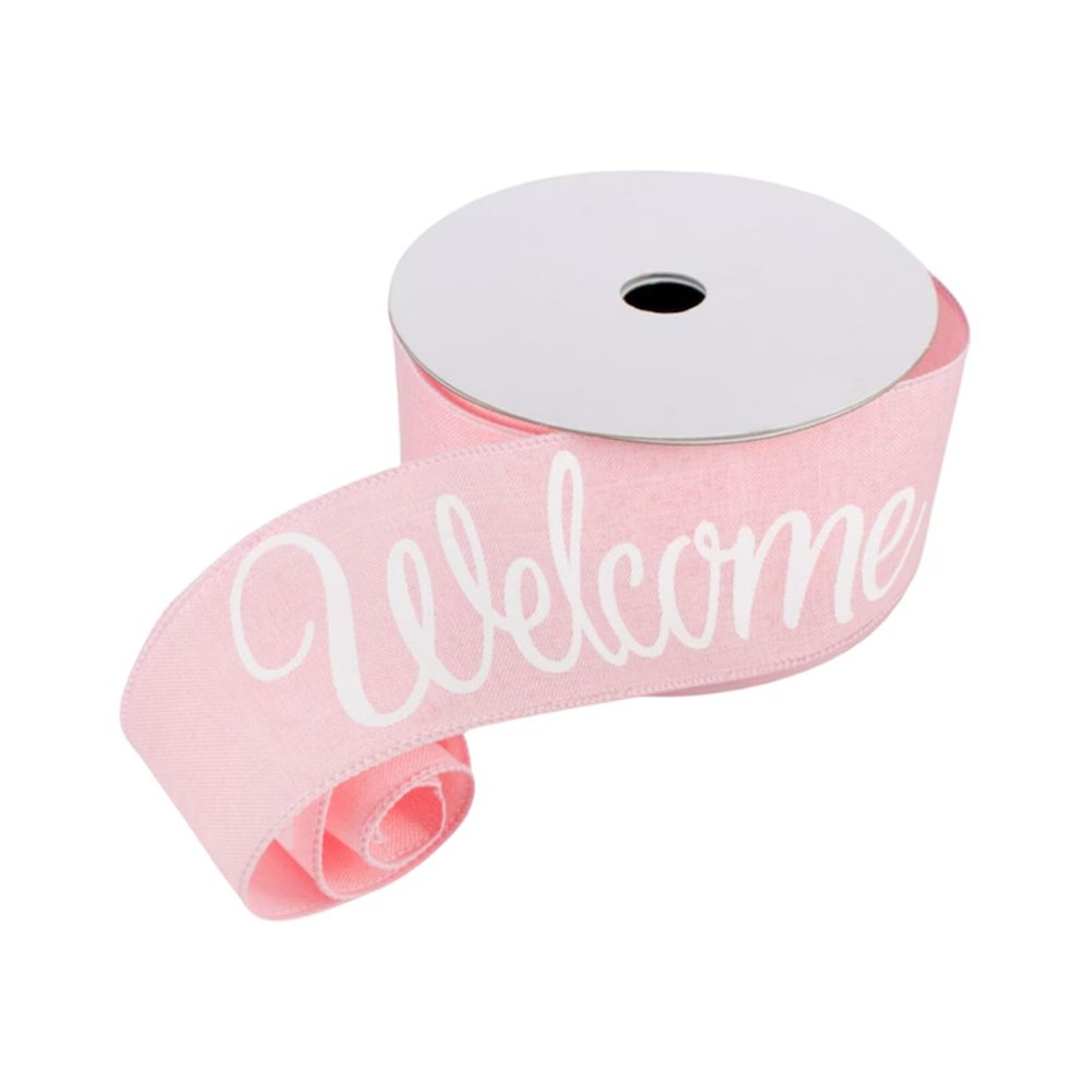 15 feet Welcome Pastel Pink Wired Ribbon, Welcome Pastel Pink Canvas 2.5" Wired Ribbon, Welcome Wired Ribbon, Ribbon for Wreaths