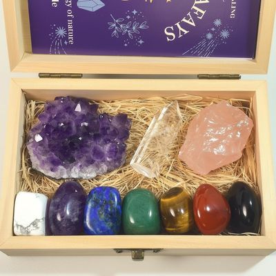 Atminafays Large Premium Crystals and Healing Stones in Wooden Gift Box + Velvet Pouch + 7 Chakra Tumbled Gemstones+Info Guide, Amethyst ClusterRose Quartz Quartz Crystal Point