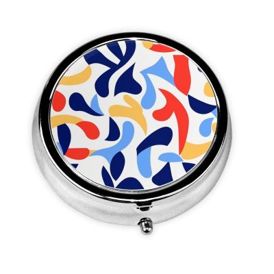 White Red Blue Pattern Round Pill Case, Abstract Portable Pill Box for Pocket Metal Medicine Vitamin Organizer 3 Compartment Three Times A Day