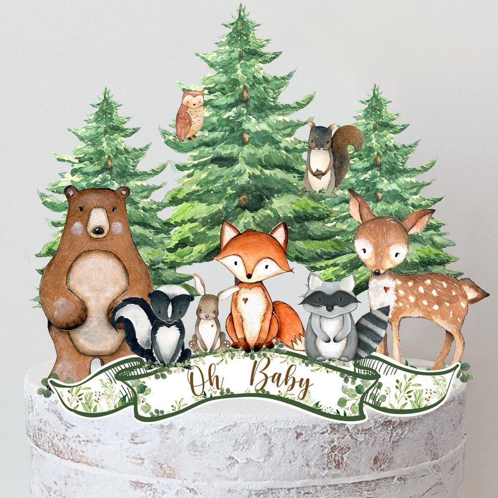 12Pcs Woodland Cake Topper, Woodland Animals Baby Shower Decorations, Woodland Toppers Forest Animal Baby Shower Decorations Boy Girl Party Supplies