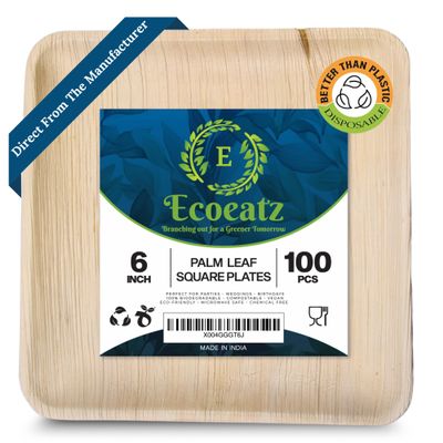 100 Pack 6" Square Bamboo Plates Disposable - Compostable Palm Leaf Style Plates for Appetizers, Cocktails, and Desserts, Strong, Sustainable, Decorative, Birthday, Camping, Outdoor BBQ, Picnic