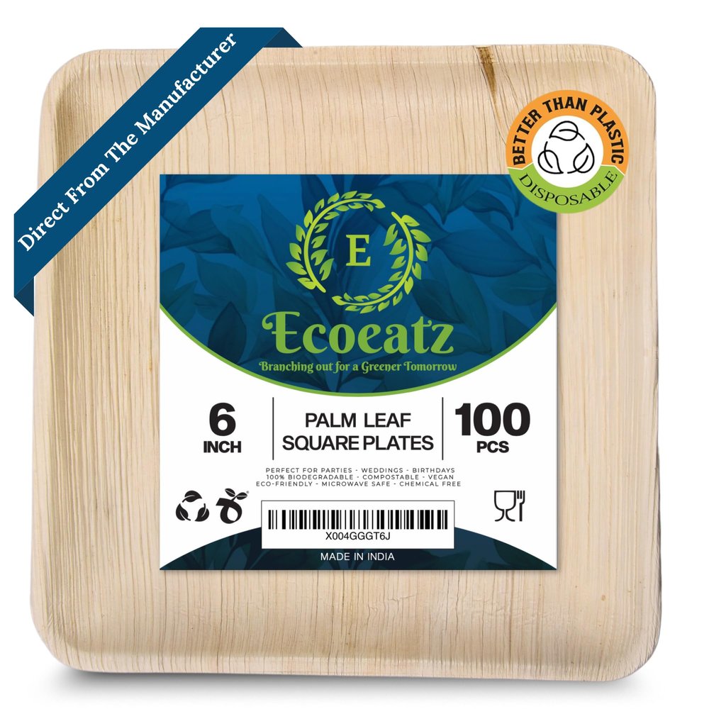 100 Pack 6" Square Bamboo Plates Disposable - Compostable Palm Leaf Style Plates for Appetizers, Cocktails, and Desserts, Strong, Sustainable, Decorative, Birthday, Camping, Outdoor BBQ, Picnic