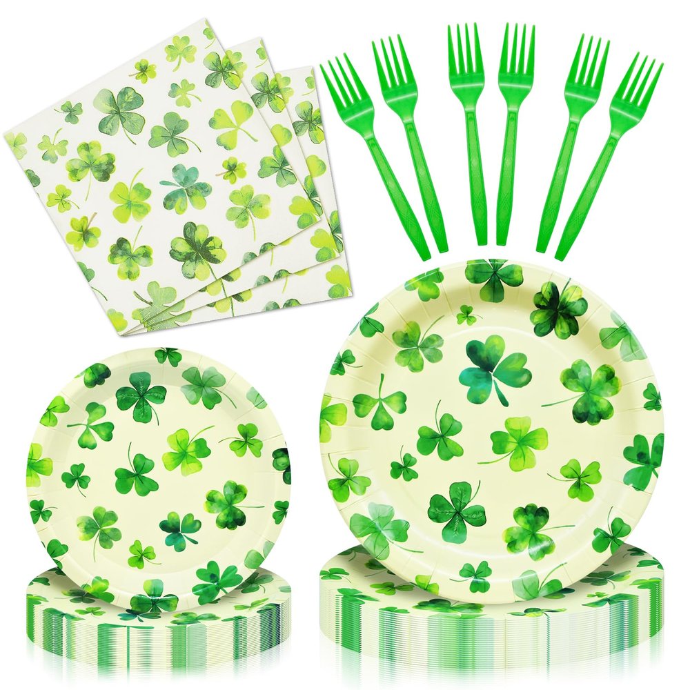 96 Pieces St. Patrick's Day Tableware Set - Shamrock Disposable Dinnerware with Clover Design Plates, Napkins, and Forks for Irish Celebrations and Festive Gatherings, Serves 24 Guests