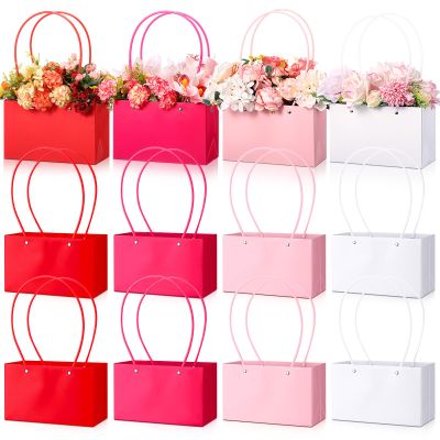 Geyoga 12 Pcs Mother's Day Flower Bags Boxes for Arrangements Kraft Paper Floral Wrapping with Handle Waterproof for Graduation Anniversary Fresh Flowers Bouquets Gift Bags(4 Colors)