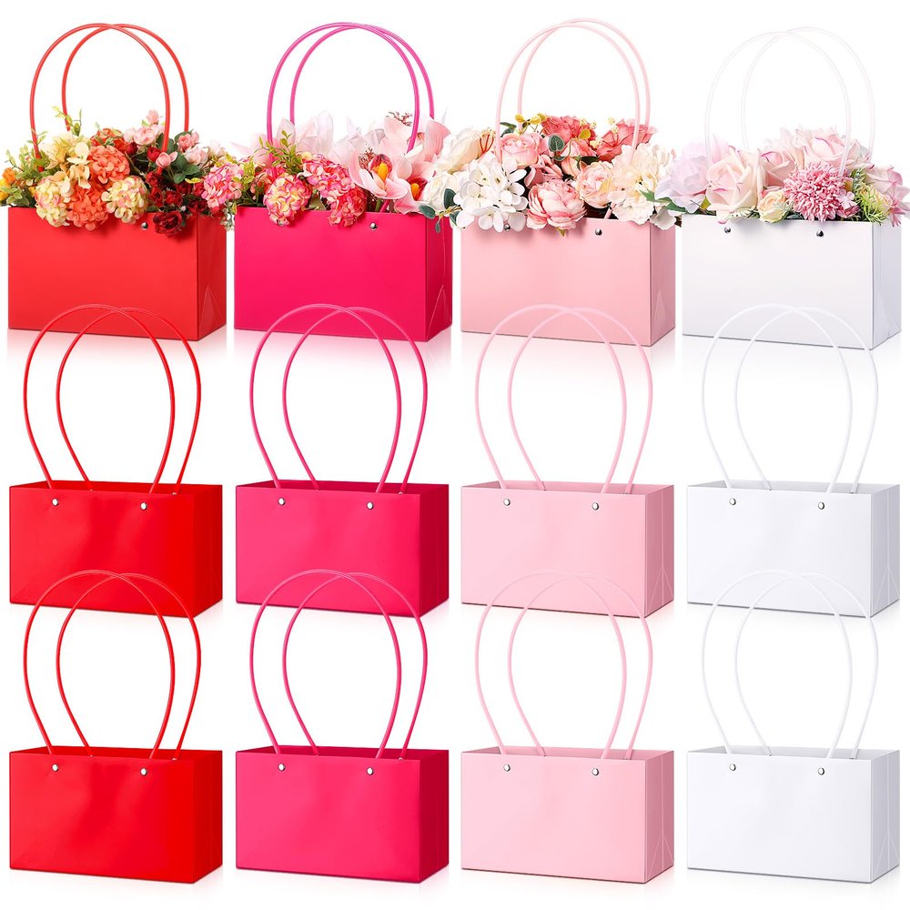 Geyoga 12 Pcs Mother's Day Flower Bags Boxes for Arrangements Kraft Paper Floral Wrapping with Handle Waterproof for Graduation Anniversary Fresh Flowers Bouquets Gift Bags(4 Colors)
