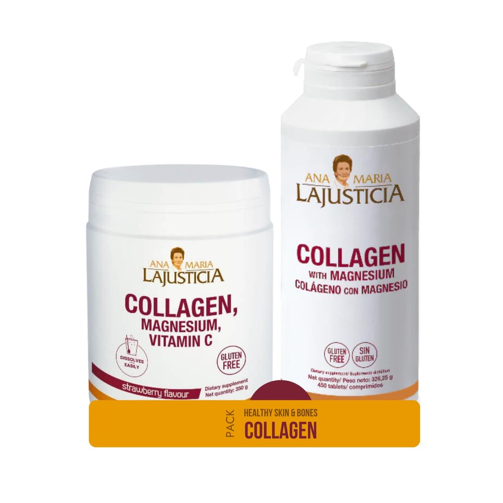 ANA Maria LAJUSTICIA - Collagen with Magnesium 450 Tablets & Collagen with Magnesium and Vitamin C 350g - Strawberry Flavor | Joint Support and Bone Strength | Complete Collagen Supplement Pack