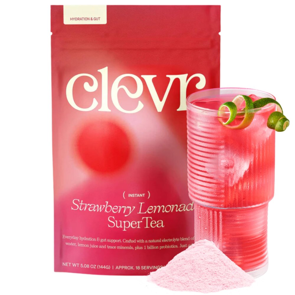Clevr Strawberry Lemonade GLP-1 Friendly Electrolytes Hydration Drink Mix No Added Sugar Coconut Water with Strawberry & Lemon Juice, Trace Minerals & Gut Supporting Probiotics Caffeine-Free SuperTea 18 Servings