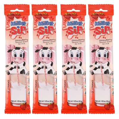 20 Milky Sip Strawberry Flavored Straws For Milk - 4 Packs of Milk Flavoring Straws, 5 Straws in Each. Magical Strawberry Flavor Makes Children Eager, Want and Love to Drink Milk