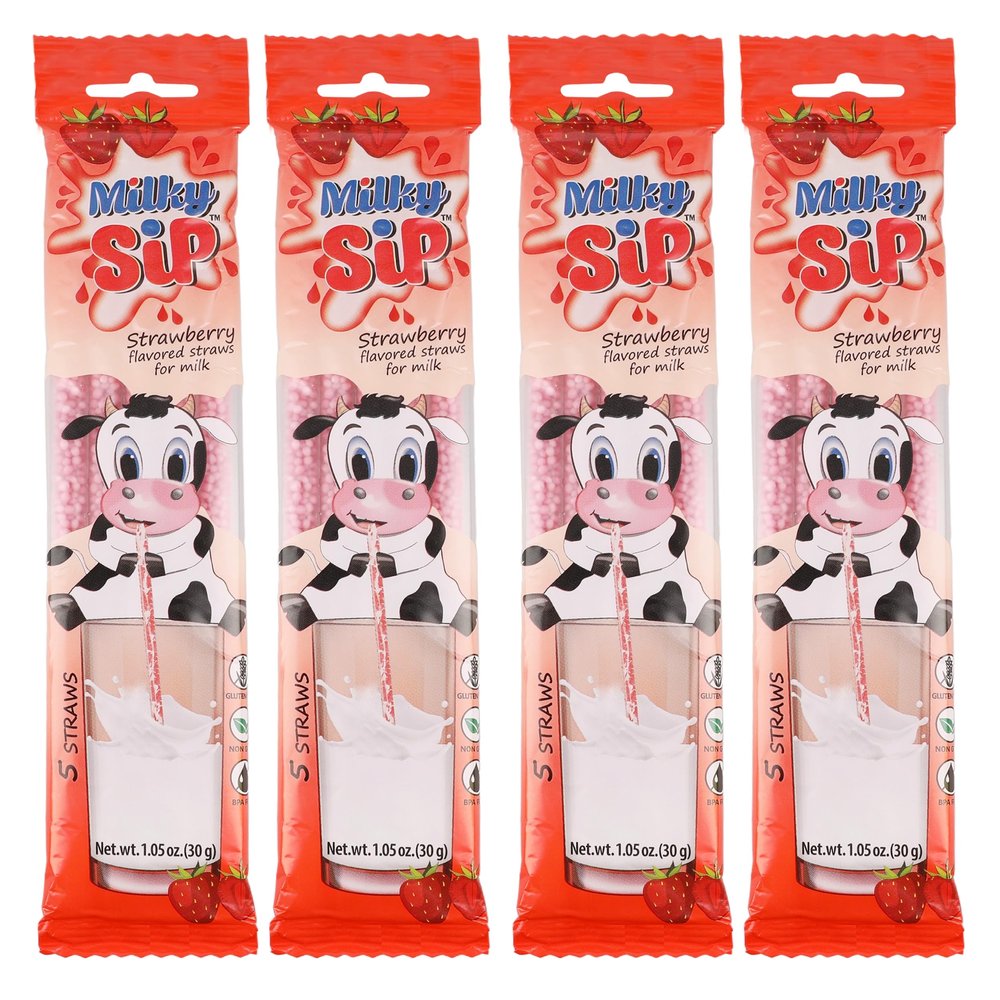 20 Milky Sip Strawberry Flavored Straws For Milk - 4 Packs of Milk Flavoring Straws, 5 Straws in Each. Magical Strawberry Flavor Makes Children Eager, Want and Love to Drink Milk