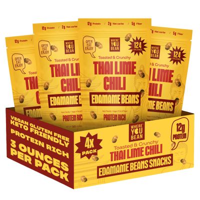 Where You Bean Edamame Beans Snack (Thai Lime Chili) - Crunchy and Dry Roasted Edamame Beans - Plant Protein Snacks, Keto and Vegan Healthy Snacks for Adults & Low Carb Asian Snack 3oz (Pack of 4)