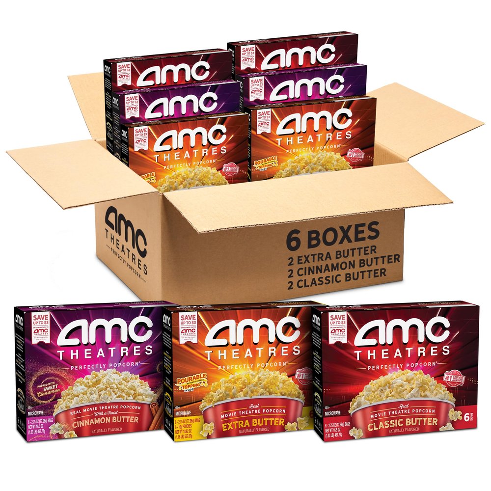 AMC Theatres Microwave Popcorn, Variety Pack with Cinnamon Butter, 2.75 oz (6 Boxes, 36 Count)