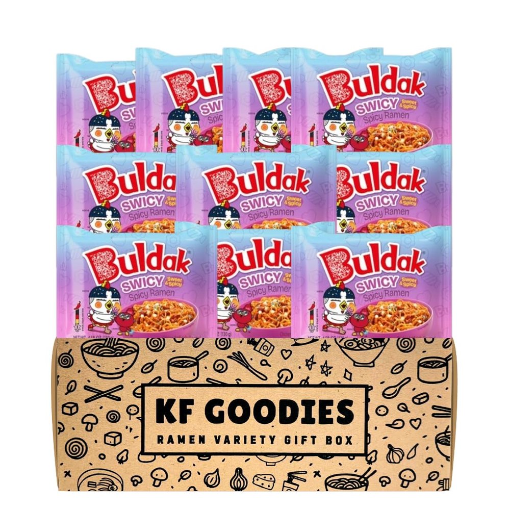 KF GOODIES Korean Ramen Variety Pack Gift Box (10 Count) Spicy Buldak Noodle Assortment for Birthdays, College Care Packages, Office Snacks, and Gift Baskets
