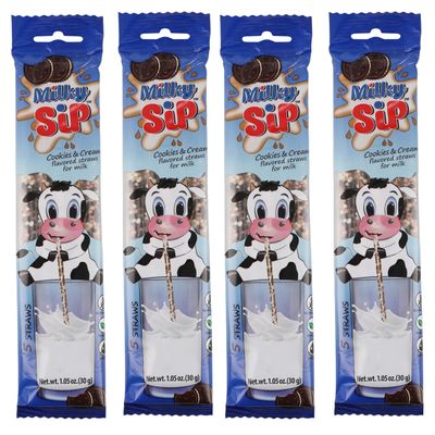 20 Milky Sip Cookies and Cream Flavored Straws For Milk - 4 Packs of Milk Flavoring Straws, 5 Straws in Each. Magical Cookies and Cream Flavor Makes Children Eager, Want and Love to Drink Milk