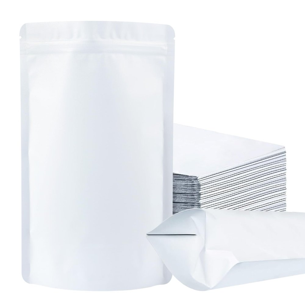 100 Pack Mylar Smell Proof Bags, Resealable White Stand Up Pouch Bags Foil Sealable Bags for Packaging, 7.811.8 Inch