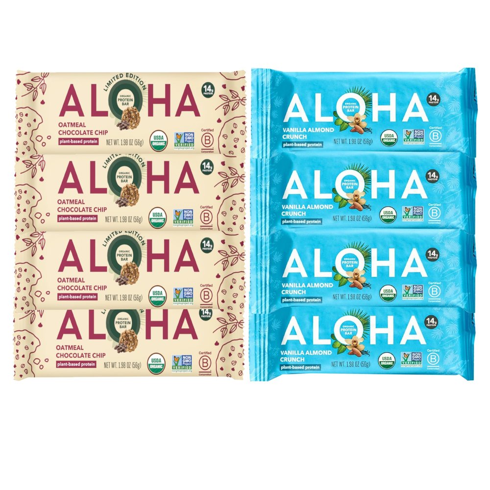 Aloha Protein Bars Organic Plant Based Protein Bars | 2 Flavors | Oatmeal Chocolate Chip, Vanilla Almond Crunch| 1.98-Ounce Bars (8 Count) | Low Sugar, Gluten-Free bundled by OMNICOAST GOODS, OCG