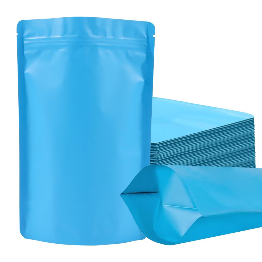 100 Pack Mylar Smell Proof Bags, Resealable Blue Stand Up Pouch Bags Foil Sealable Bags for Packaging, 5.57.8 Inch
