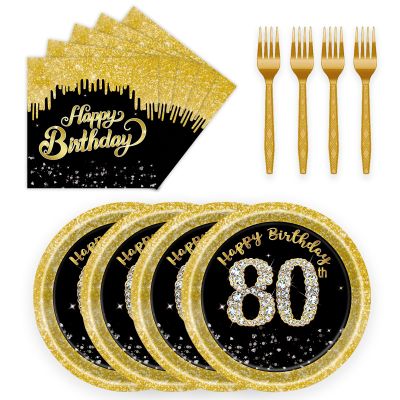 72 Pcs 80th Birthday Paper Plates and Napkins Party Supplies, Back Gold 80th Birthday Party Plates and Napkins Tableware Set for Men Women Cheers to 80 Years Decorations Serves 24